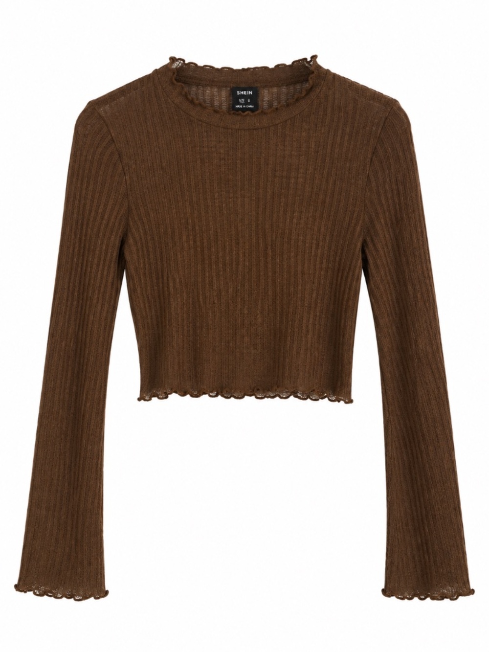 SHEIN Brown Sheer Ribbed Long Bell Sleeve Crop Top Lettuce Trim